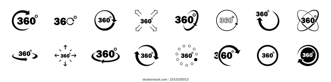 360-Grad-Symbole eingestellt. UI- und UX-Design-Elemente für die Website. Rotation und Simulation, Panorama. Virtual-Reality-Technologie. Flache Vektorgrafik einzeln auf weißem Hintergrund