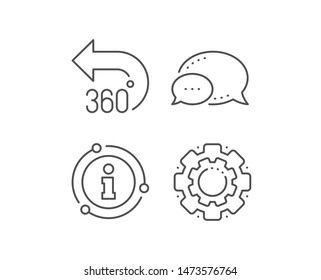 360 degrees line icon. Chat bubble, info sign elements. VR simulation sign. Panoramic view symbol. Linear 360 degrees outline icon. Information bubble. Vector
