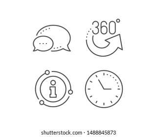 360 degrees line icon. Chat bubble, info sign elements. VR simulation sign. Panoramic view symbol. Linear 360 degrees outline icon. Information bubble. Vector