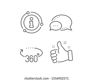 360 degrees line icon. Chat bubble, info sign elements. VR simulation sign. Panoramic view symbol. Linear 360 degrees outline icon. Information bubble. Vector