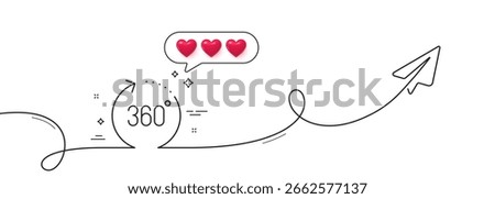 360 degrees line icon. Continuous line with share plane. Panoramic view sign. VR technology simulation symbol. Hearts rate review in speech bubble. 360 degrees single line ribbon. Vector