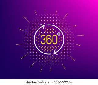 360 degrees line icon. Halftone pattern. VR simulation sign. Panoramic view symbol. Gradient background. 360 degrees line icon. Yellow halftone pattern. Vector