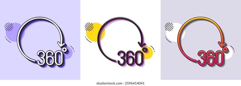 360 degrees line icon. Halftone dotted pattern. Gradient icon with grain shadow. VR simulation sign. Panoramic view symbol. Line 360 degrees icon. Various designs. Vector