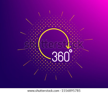 360 degrees line icon. Halftone pattern. VR simulation sign. Panoramic view symbol. Gradient background. 360 degrees line icon. Yellow halftone pattern. Vector