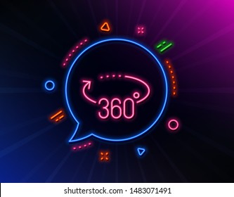 360 degrees line icon. Neon laser lights. VR simulation sign. Panoramic view symbol. Glow laser speech bubble. Neon lights chat bubble. Banner badge with 360 degrees icon. Vector