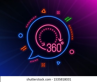 360 degrees line icon. Neon laser lights. Panoramic view sign. VR technology simulation symbol. Glow laser speech bubble. Neon lights chat bubble. Banner badge with 360 degrees icon. Vector
