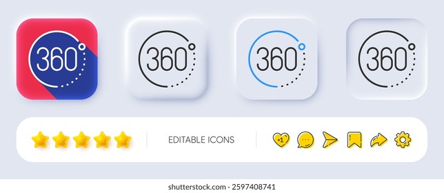 360 degrees line icon. Neumorphic, Flat shadow, 3d buttons. VR simulation sign. Panoramic view symbol. Line 360 degrees icon. Social media icons. Vector