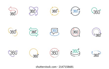 360 degrees line icons. Rotate arrow, VR panoramic simulation and augmented reality. 360 degrees virtual gaming, abstract geometry, full rotation view icons. Linear set. Vector