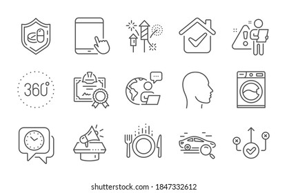 360 degrees, Megaphone and Head line icons set. Certificate, Clock and Tablet pc signs. Washing machine, Search car and Food symbols. Fireworks rocket, Correct way and Medical tablet. Vector