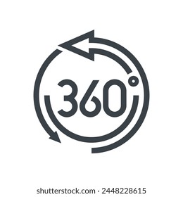 360 degrees outline icon in bold line with arrows - 3D panorama, virtual tour, street view or VR technology emblem