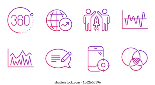 360 grados, conjunto de iconos de la línea de estadísticas de la Asociación y el Mundo. Análisis de existencias, Señales de Seo y Mensajes. Inversión, símbolos de diagrama de Euler. Rotación completa, inicio de negocio. Conjunto de ciencias. Vector