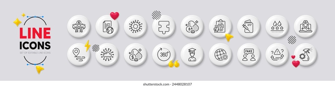 360 degrees, Place and Attention line icons. White buttons 3d icons. Pack of Telemedicine, Fingerprint, Fake information icon. World weather, Cloud network, Coronavirus spray pictogram. Vector