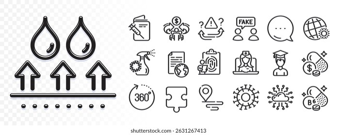 360 degrees, Place and Attention line icons for web app. Glare of light effect. Message icon. Pack of Telemedicine, Fingerprint, Fake information pictogram icons. Vector