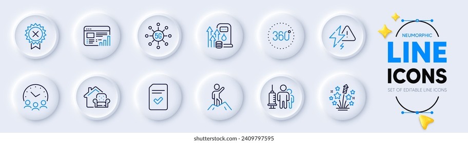 360 degrees, Reject medal and Web report line icons for web app. Pack of Lightning bolt, Fireworks stars, Furniture moving pictogram icons. Fuel price, Checked file, Leadership signs. Vector