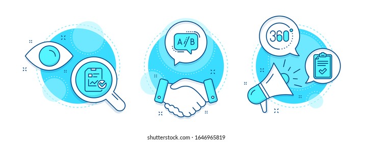 360 degrees, Report checklist and Checklist line icons set. Handshake deal, research and promotion complex icons. Ab testing sign. Full rotation, Sales growth file, Survey. Test chat. Vector