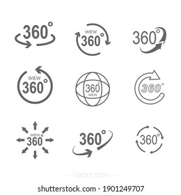 360 degrees rotating virtual reality set icons. VR view icon. Isolated vector illustration.