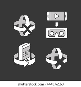 360 degrees rotation concept icons set. Arrows in the direction of rotation. Icons panoramic shooting. Tools for virtual reality. Flat style icon Vector.
