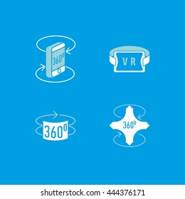 360 degrees rotation concept icons set. Arrows in the direction of rotation. Icons panoramic shooting. Tools for virtual reality. Flat style icon Vector.
