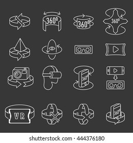 360 degrees rotation concept icons set. Arrows in the direction of rotation. Icons panoramic shooting. Tools for virtual reality. Line style icon Vector.

