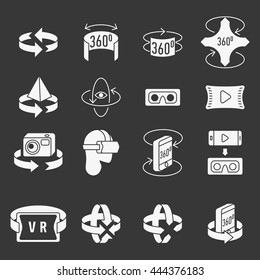 360 degrees rotation concept icons set. Arrows in the direction of rotation. Icons panoramic shooting. Tools for virtual reality. Flat style icon Vector.

