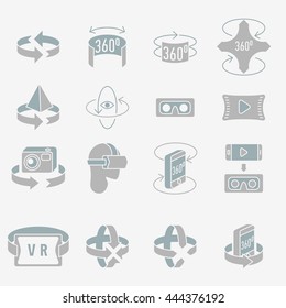 360 degrees rotation concept icons set. Arrows in the direction of rotation. Icons panoramic shooting. Tools for virtual reality. Flat style icon Vector.

