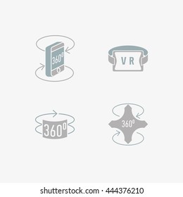 360 degrees rotation concept icons set. Arrows in the direction of rotation. Icons panoramic shooting. Tools for virtual reality. Flat style icon Vector.
