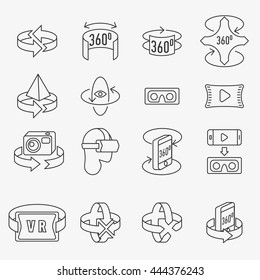 360 degrees rotation concept icons set. Arrows in the direction of rotation. Icons panoramic shooting. Tools for virtual reality. Line style icon Vector.
