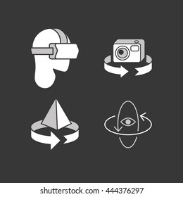 360 degrees rotation concept icons set. Arrows in the direction of rotation. Icons panoramic shooting. Tools for virtual reality. Flat style icon Vector.
