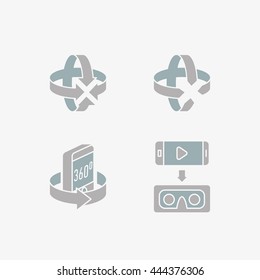 360 degrees rotation concept icons set. Arrows in the direction of rotation. Icons panoramic shooting. Tools for virtual reality. Flat style icon Vector.

