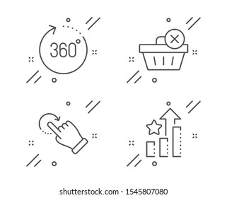 360 degrees, Rotation gesture and Delete purchase line icons set. Ranking stars sign. Panoramic view, Undo, Remove from basket. Winner results. Business set. Line 360 degrees outline icon. Vector