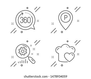 360 degrees, Search statistics and Parking line icons set. Love cooking sign. Full rotation, Analysis, Park pointer. Chef hat. Business set. Line 360 degrees outline icon. Vector