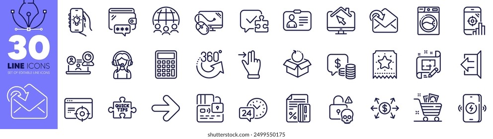 360 degrees, Seo phone and Calculator line icons pack. Support, Sign out, Card web icon. Electric app, Credit card, Touchscreen gesture pictogram. Work home, Coins, Computer mouse. Vector