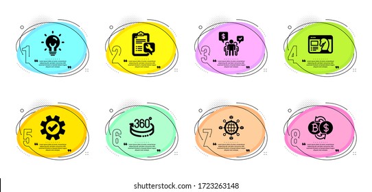 360 degrees, Seo strategy and Logistics network signs. Timeline infographic. Energy, Teamwork and Spanner line icons set. Service, Bitcoin exchange symbols. Lightbulb, Employees chat. Vector