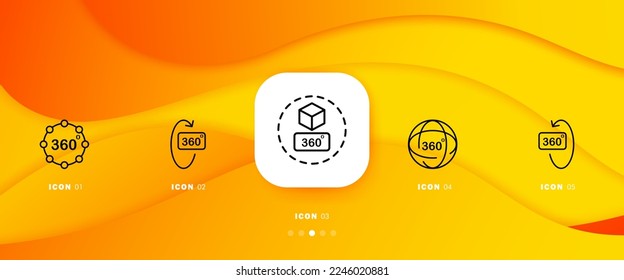 icono de 360 grados. Vr, realidad virtual, ver, mirar, flechas, planeta, cubo, metaverso, concepto de tecnología tridimensional. Escala de tiempo de infografía con 5 pasos. Icono de línea de vector para empresas