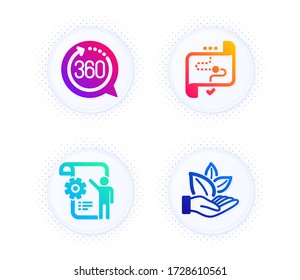 360 degrees, Settings blueprint and Target path icons simple set. Button with halftone dots. Organic product sign. Full rotation, Engineering cogwheel, Business aim. Leaf. Science set. Vector