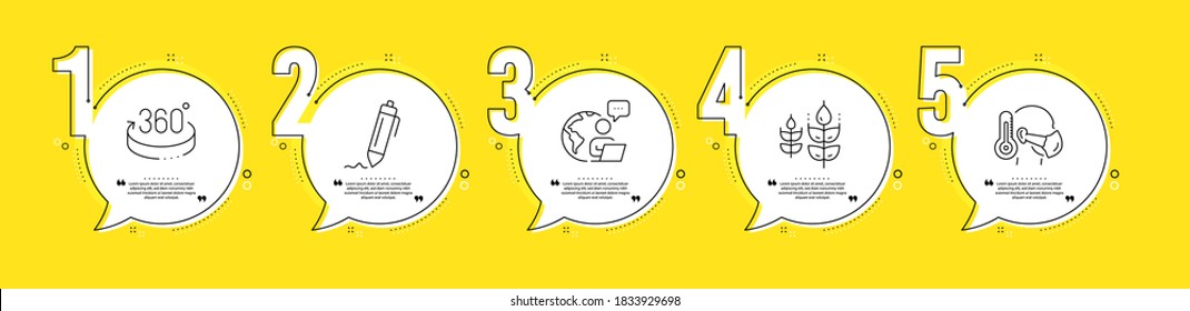 360 degrees, Sick man and Signature line icons set. Timeline process infograph. Gluten free sign. Full rotation, Epidemic protection, Written pen. Bio ingredients. Science set. Vector