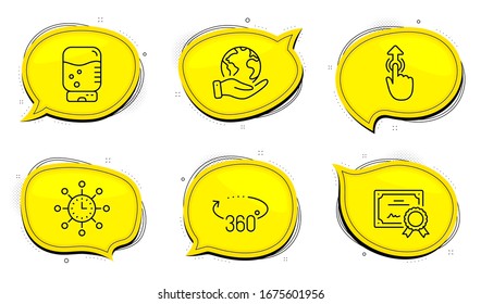 360 degrees sign. Diploma certificate, save planet chat bubbles. World time, Water cooler and Swipe up line icons set. Measurement device, Office drink, Touch technology. Full rotation. Vector