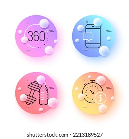 360 grados, mensaje Smartphone e iconos mínimos de línea de último minuto. botones de esferas o bolas 3d. Iconos de timbre. Para web, aplicación, impresión. Rotación completa, chat por teléfono móvil, temporizador de compra. Vector