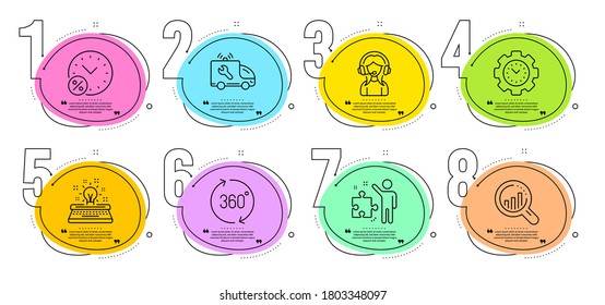 360 degrees, Strategy and Support signs. Timeline steps infographic. Time management, Seo analysis and Loan percent line icons set. Car service, Typewriter symbols. Settings, Targeting chart. Vector