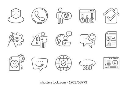 360 Degrees, Survey Results And Cogwheel Dividers Line Icons Set. Report Document, Employees Messenger And Yummy Smile Signs. Global Insurance, Motherboard And Cogwheel Symbols. Line Icons Set. Vector