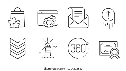 360 degrees, Swipe up and Shoulder strap line icons set. Seo gear, Lighthouse and Certificate signs. Loyalty points, Mail newsletter symbols. Full rotation, Scrolling page, Army rank. Vector