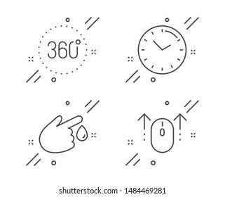 360 degrees, Time and Blood donation line icons set. Swipe up sign. Panoramic view, Clock, Injury. Scrolling page. Science set. Line 360 degrees outline icon. Vector