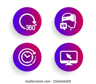 360 degrees, Time change and Augmented reality icons simple set. Halftone dots button. Internet sign. Full rotation, Clock, Virtual reality. Monitor with cursor. Technology set. Vector