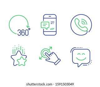 360 degrees, Touchscreen gesture and Call center line icons set. Ranking stars, Smartphone notification and Smile face signs. Full rotation, Drag drop, Phone support. Winner award. Vector