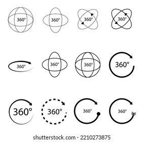 360 degrees vector icon set. Round signs with arrows rotation to 360 degrees. Rotate symbol isolated on transparent background. Vector illustration.