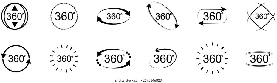 360 degrees vector icon set. Round signs with arrows rotation to 360 degrees. 