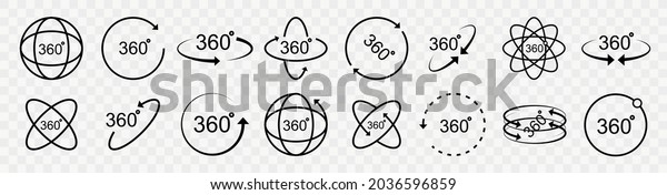 360 degrees vector icon set. Round signs\
with arrows rotation to 360 degrees. Rotate symbol isolated on\
transparent background. Vector\
illustration.