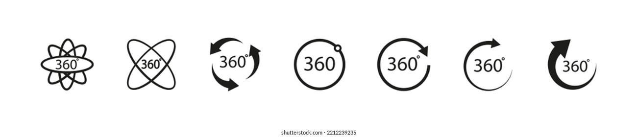 360 degrees vector icons.  Round signs with arrows rotation to 360 degrees. Rotate symbol isolated in white background. Vector illustration