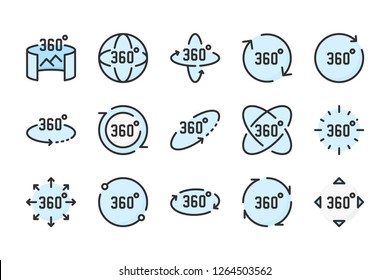 360 degrees view color line icons. VR and panoramic simulation vector linear colorful icon set. Isolated icon collection on white background.