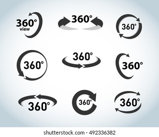 360 Degrees View flat Vector Icons. Black and white version. Isolated vector illustrations.